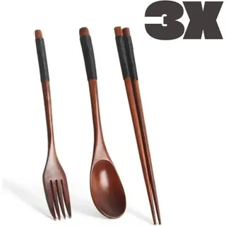 Holz Besteck Set 3 Stück l Japanisches Besteck Löffel Stäbchen Set natürlich Holzlöffel Holzgabel Essstäbchen nachhaltig Küche - Braun