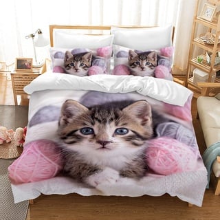 MIQEBX Nettes Katze Bettwäsche Set 220x240cm für Mädchen Jungen Kinder 3D Haustier Katze Mikrofaser Rosa Bettbezug Set Lustige tierbedruckte Betten Set Kinderzimmer Dekor