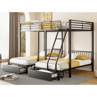 SeedWave Etagenbett Dreifaches Etagenbett mit Zwei Schubladen, Metall-Etagenbett, Einem 140x200cm Doppelbett, Zwei 90x200cm Einzelbetten, Schrägleiter