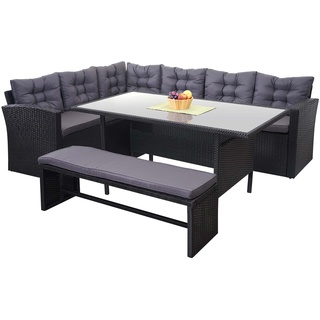 Poly-Rattan-Garnitur MCW-A29, Gartengarnitur Sitzgruppe Lounge-Esstisch-Set, schwarz ~ Kissen dunkelgrau, mit Bank