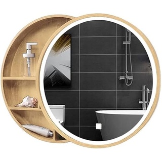 Spiegelschrank Badezimmer rund mit Licht, wandmontierter Schlafzimmer-Kosmetikspiegel aus Holz mit Aufbewahrungsschrank, runder Kosmetikspiegel mit Licht