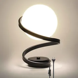 LOGT LED Tischlampe mit Stecker und Schalter Retro Tischleuchte Runde Schwebender Mond Lanpe mit Kabel Innen Deko Nachttischlampe Kugel Glaslampenschirm Tischlichter für Wohnzimmer, Schlafzimmer
