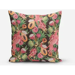 SCHÖNER LEBEN. Dekokissen SCHÖNER LEBEN. Kissenhülle Jaguar Früchte schwarz bunt div. Größen braun|grün|rosa|schwarz quadratisch | 60 cm x 60 cm