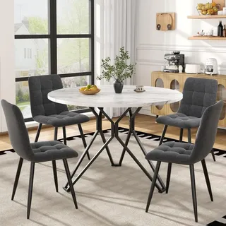 Esstisch-Set 4 Stühle Runder Küchentisch Ø 100 cm Marmoroptik Schwarz Grau Leinen Metall - Schwarz/Grau