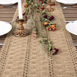Dremisland Tischläufer Braun Sommer Bauernhaus Klein Tischdecke Boho Makramee Tischläufer Sackleinen Tischband Table Runner Häkelspitze Mesh Tisch Läufer Tischdeko Hochzeits Party Tabletop,30x180cm