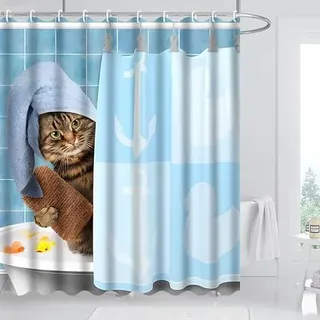 JTOOYS Duschvorhang Katze, 180x180 cm Wasserdich Anti-schimmel Duschvorhänge mit 12 Duschvorhang Haken Blau Lustig Katze Badewanne Duschen Kind Waschbar Polyester Textil Duschrollo für Badewanne