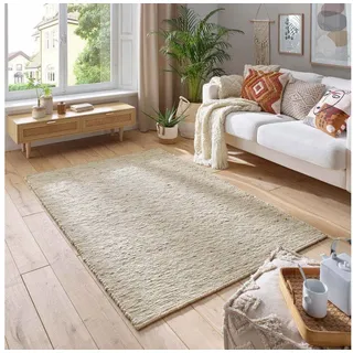TaraCarpet Wollteppich TaraCarpet Elmstein handgewebter Schurwollteppich aus gewalkter Wolle, rechteckig, Höhe: 9 mm, Handgewebt Teppich natur gestreift Wohnzimmer Schlafzimmer 170x230 cm beige 170 cm x 230 cm x 9 mm