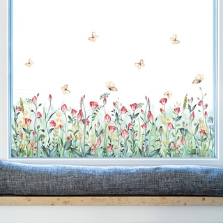 Wandtattoo Blumenwiese Fenstersticker Blumen Schmetterling Wandaufkleber für Wohnzimmer Küche