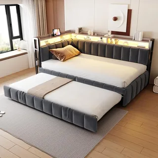 Flieks Schlafsofa Tagesbett 90x200cm mit Ausziehbett, Jugendbett Einzelbett mit Ladefunktion und LED, Polsterbett Metallbett, Samt, Dunkelgrau - Dunkelgrau