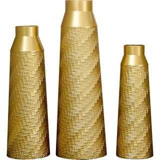 Metallvase Gold, Bodenvase Gold, Deko-Vase Metall, 3er Set mit Textur, konische Vasen ineinander steckbar, für Trockenblumen und Pampasgras, Nicht wasserdicht