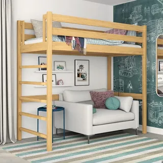 N01 Hochbett 90x190 cm Naturkiefer aus Massiveholz - Leiter - Made in EU | Hochbett Holz mit Lattenrost, 2 Leitermontageseiten: Links oder rechts, abgerundete Kanten, Stabile Massivholzkonstruktion