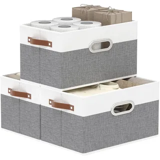 Yawinhe 3 Stück Aufbewahrungsbox aus Stoff, Faltbare Aufbewahrungskörben mit Griffen, Waschbare, für Schlafzimmer, Kleideraufbewahrung, 33x23x20cm, Weiß/Grau, SNK030WGXS