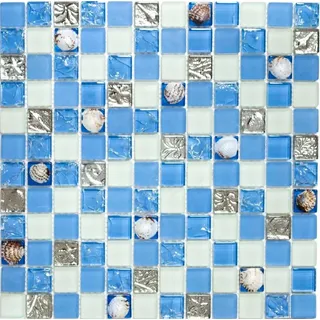 Glasmosaik Quadrat Crystal Muschel blau Transluzent Transparent 3D, Mosaikstein Format: 23x23x8 mm, Mattengröße: 300x300 mm, 1 Matte