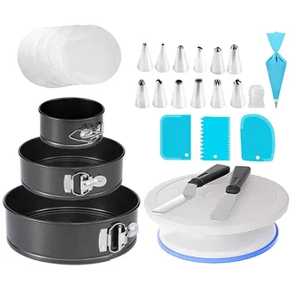 Springform-Kuchenform-Set und Kuchen-Drehteller & Dekorations-Kits, 10.2 cm/17.8 cm/22.9 cm, inklusive 50 Stück Kuchenpapier mit 12 Kuchendekorationsspitzen, schwarz