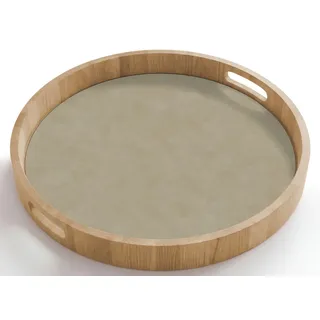 OnlyWow Tablett Rund mit Henkel Farbe Taupe - Wolkige Textur - Natürlich, Eichenholz, (1-tlg), Servierbrett Groß, Tischdeko, Platte, Tisch Deko 50 cm x 50 cm x 5 cm