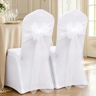 GOMETY 2 Stück Stuhlhussen Weiß, Stuhlhussen Hochzeit Stretch mit 2 Schleifen, Universell Stretch Stuhlüberzug Elegant Abnehmbar, Stuhlbezug für Hochzeit, Bankett, Party, Restaurant