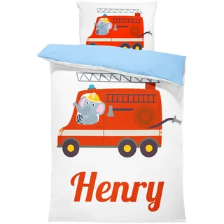 Pictogogo Personalisierte Baby Bettwäsche mit Feuerwehrauto, Wählbare Unterfarbe aus Baumwolle, Kinderbettwäsche Mit Namen, Babybett Komplett Set Mit Reißverschluss (Feuerwehr, 135 x 200 cm)
