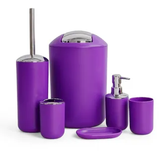 6-TLG Badset Badezimmer Zubehör Set Organizer: Seifenspender, Zahnputzbecher, Kosmetikeimer, WC Bürste und Halter, Seifenschale, Mülleimer, Zahnbürstenhalter, Badgarnitur (Lila Design 2)