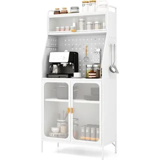 Küchenschrank, Küchenbuffet Metall mit Steckbrett & verstellbarem Regal, Hochschrank mit 8 Haken & 1 Hängekorb, Buffetschrank für Küche Wohnzimmer