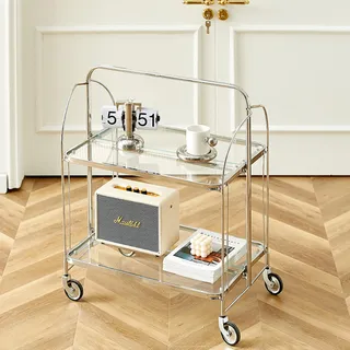 Moderner Faltbarer Barwagen, Servierwagen für die Hausbar, 2-stufiger Rollwagen mit feststellbaren Rädern, 2 Ablagefächer aus Glas, für Wohnzimmer, Küche, Schlafzimmer, Esszimmer,Clear Glass