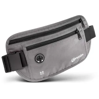 praxxim Die Bauchtasche zum Reisen - DIEBSTAHLSICHER mit RFID Schutz - Extra Flache Bauchtasche unter Kleidung tragbar - Hüfttasche - Reisebauchtasche - Geldgürtel für Damen und Herren - grau