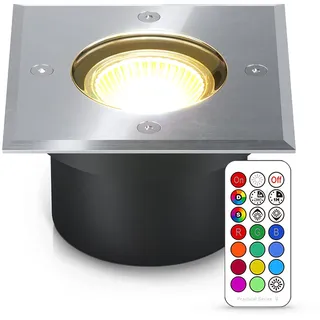 lambado® Flacher LED Bodenstrahler für Aussen mit RGB Farbwechsel dimmbar inkl. Fernbedienung - Eckige Bodenleuchte/Bodeneinbaustrahler IP67 aus Edelstahl - Befahrbar & Wasserdicht