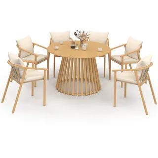 Gartenmöbel Solal Runder Tisch 120 Cm Mit Metall-lattenfuß Und 6 Gartenstühlen Mit Riemen Und Kissen In Beige