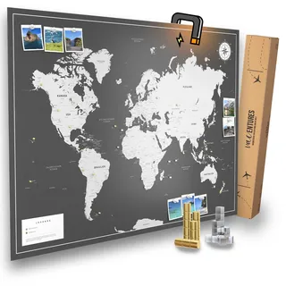 VACENTURES Magnetische Pinnwand Weltkarte XXL"DARK" inkl. 2 x 15 magnetische Pins I Markiere Deine Reiseziele I Sammel Fotos und Magnete I Magnet Poster DIN A0 - world map