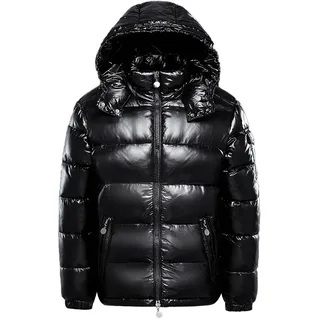 duzhengzhou Winterkapuzenjacke, warm, mittleres Gewicht, Metallic-Daunenjacke, Reißverschluss, Steppung, glänzender Puffermantel, Schwarz, S(M) - M