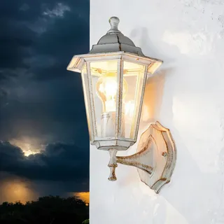 Licht-Erlebnisse Außenwandleuchte Weiß Gold E27 IP43 H: 36 cm Aluminium Glas Rustikal Outdoor Wandlampe außen Hoflampe Wandlaterne Gartenlampe