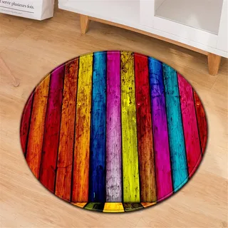 Chickwin Teppiche für Wohnzimmer Rund, Holzbrett Drucken Teppich Modern Schlafzimmer Groß Flanell Flauschig Weich rutschfest Fußmatte Waschbar für Kinderzimmer (Bunt,Durchmesser 60cm)