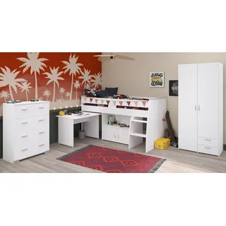 Parisot Jugendzimmer-Set Releave, (Kinderzimmer in weiß mit Hochbett, Schreibtisch, Kommode und Kleiderschrank), kein Lattenrost erforderlich weiß