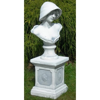 Deko Garten Figur Statue Büste Frau mit Hut auf klassischer Säule als Satz Skulptur aus Beton Gesamthöhe 64 cm