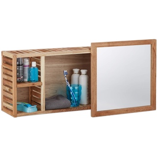 Relaxdays Wandregal mit Spiegel, Walnuss, verschiebbarer Spiegel, geöltes Holz, 80 cm breit, besonders fürs Badezimmer, natur