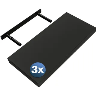 Casaria® 3X Wandregal Holz Schwarz Hängeregal mit Halterung 15kg Tragkraft Küche Wohnzimmer Flur Regal Schweberegal Bücherregal Holzregal Matt 50cm