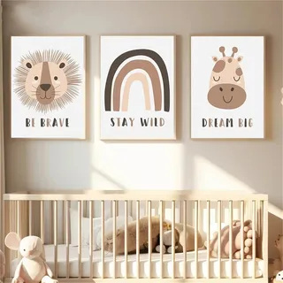 Herfair Poster Kinderzimmer Bilder Regenbogen Deko 3er Set Tiere Bilder, Babyzimmer Deko, Tierbilder Wandposter für Junge Mädchen Babyzimmer Kinderbilder (40x50cm)