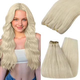 YoungSee Tressen Echthaar zum Einnahen Blond Echthaar Tressen Platinblond Tressen Extensions Echthaar Kurz 35cm Weave Extensions Echthaar Remy Haare Echthaar Tressen Weft Echthaar 100g #60