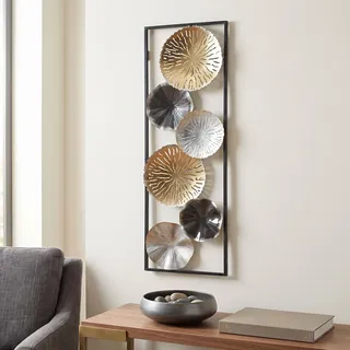 3D Metall Wandbild Ringe 30x90cm Gold Silber Kupfer Wanddeko Design | Wandkunst mit Teller-Motiv, Metallbild im Industrial Chic, Deko-Objekt für Wohnzimmer und Flur, einfache Montage