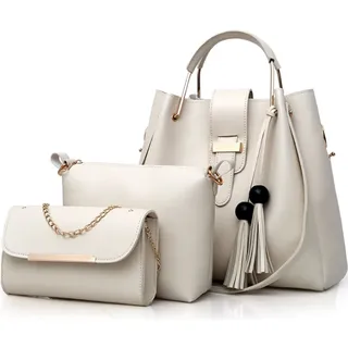 FiveloveTwo Damen 3Pcs PU Leder Tasche Set Handtasche + Schultertasche + Umhängetasche Henkeltaschen Rucksackhandtaschen Shopper Clutches Handbag Set Tote Tragetaschen Beige - 5
