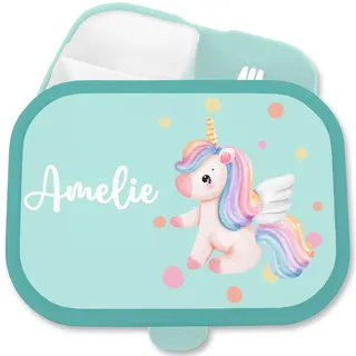 Shirtracer Mepal Brotdose Kinder personalisiert Süßes Einhorn Punkte | Türkis, 750 ml, Fabelwesen, Pegasus, Fantasy, mit Fächern, Schule, Campus, spülmaschinenfest, Kindergarten, Einschulung