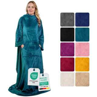 heimtexland ® Ärmeldecke TV Kuscheldecke mit Ärmeln Taschen Fußsack Super Soft Flanell tragbare Decke Ganzkörperdecke Typ870 Dunkelpetrol 200x170 cm