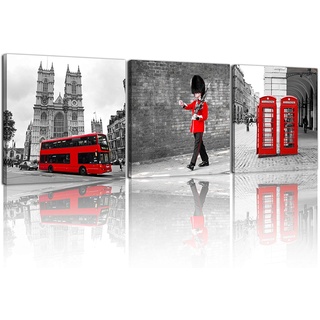 NAN Wind Moderne Giclée-Leinwanddrucke, London, Schwarz und Weiß mit rotem Bus, Union Jack, britische Wachen, Poster Telefonzelle, Gemälde auf Leinwand, gespannt und gerahmt, fertig zum Aufhängen, für