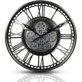 Samilito Wanduhr groß 53,5 cm mit beweglichen Zahnrädern, Industrial Steampunk Vintage Metall-Uhr, Römische Ziffern, Silber, leises Quarzwerk, Deko für Wohnzimmer, Küche, Büro