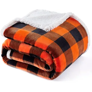 Touchat Sherpa Orange Buffalo Plaid Herbst Überwurfdecke (152,4 x 177,8 cm), flauschig weiche, gemütliche Decke, Fleece-Flanell, Plüsch-Mikrofaserdecke für Couch, Bett, Sofa