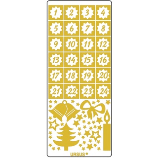 Ursus 593000125 - Kreativ Sticker Adventskalender, Weihnachtsmotiv gold, 5 Stickerbögen mit Zahlen von 1 bis 24, selbstklebend, leicht abziehbar, zum Nummerieren von selbstgemachten Adventskalendern