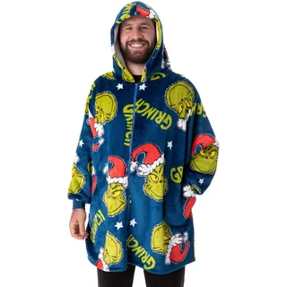 Der Grinch Erwachsene tragbare Decke Hoodie | Fleece-Kapuzenpullover mit Reißverschluss für Erwachsene in Blau mit Grinch-Schriftzug - Einheitsgröße