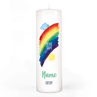 Striefchen® Regenbogen Taufkerze mit Aufdruck des Namen und Datum sowie Taufspruch