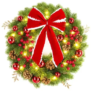 Gonetre Rot-grüner Weihnachtskranz mit LED-Lichtern für Weihnachtsdekorationen an der Haustür, 50 Cm, Karminrote Beeren, Tannenzapfen, Girlande, Weihnachtsdekorationen, Türkränze für (A)