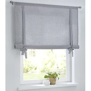 Cottage Kariertes Raffrollo Raffgardine mit Tunnelzug für Gardinenstangen, Landhaus-Gardine Küche Karo weiß-grau, Bindegardine, Rollgardine, Breite 60 cm x Höhe 100 cm
