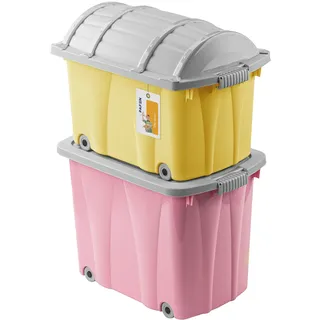 PAFEN Piraten Spielzeugkisten SET  2x Schatzkiste 49l + 62l mit Rollen Rosa/Gelb
